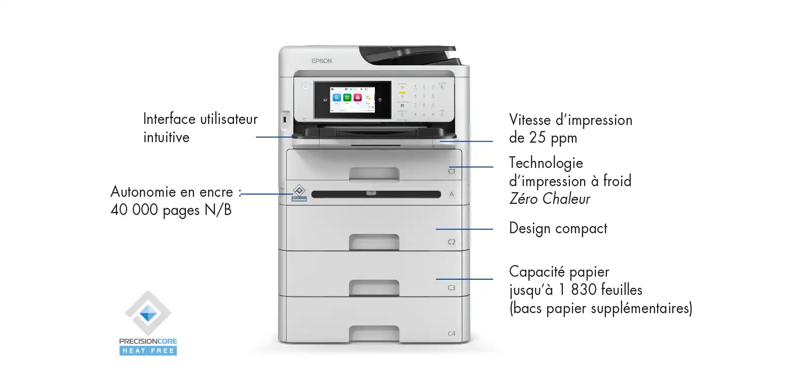 EPSON WF-M5899DWF : caractéristiques et fonctionnalités du petit multifonction A4 monochrome (noir et blanc) équipé de la technologie d'impression à froid Zéro Chaleur
